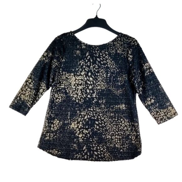 Blouse Black Gold Stretchy Evening Metallic Crinkle Ruffle  3/4Sleeve Peck&Peck - Picture 1 of 10